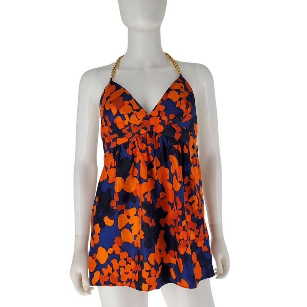 Milly Silk Floral Navy Blue Orange Gold Chain Link Backless Halter Top